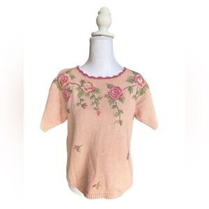 Vintage Pink Floral Embroidered Sweater Rose Pattern Cottagecore Fairy Small